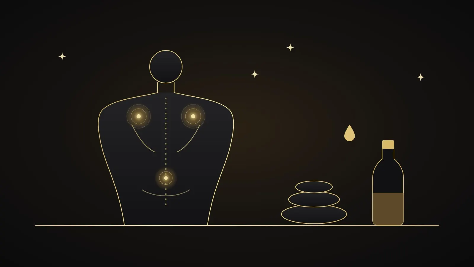 Gold line illustration of a person's back with glowing knots at the shoulders and lower back, beside hot stones and massage oil