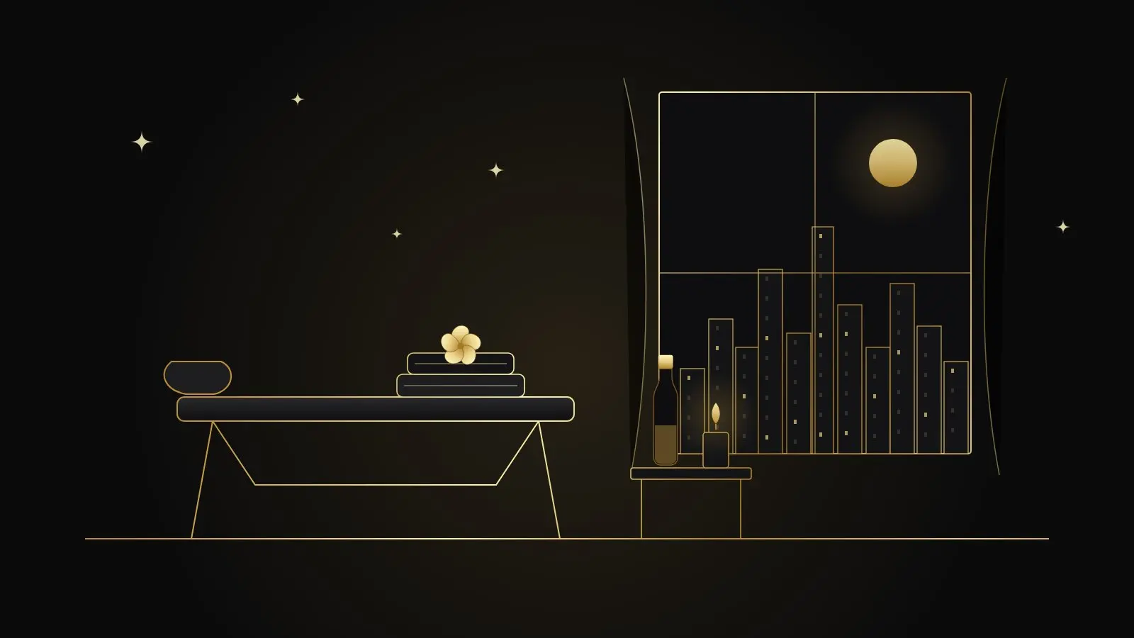 Gold line illustration of a massage table in a hotel room at night, with the Bangkok skyline in the window