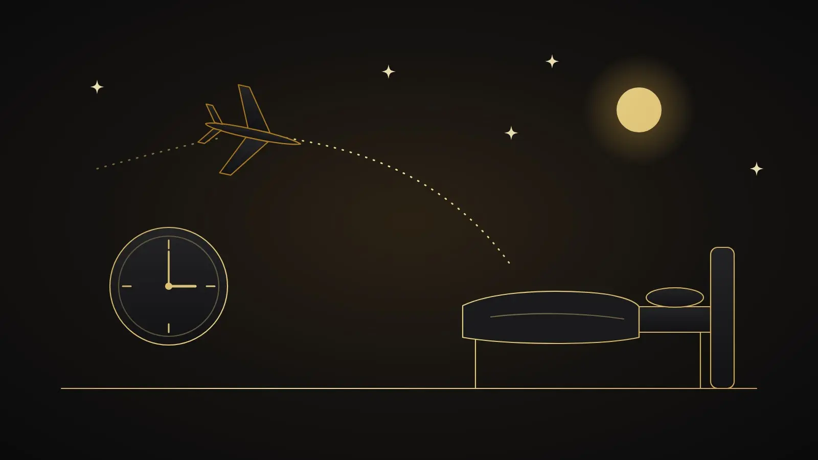 Gold line illustration of a plane's flight path ending at a hotel bed under the moon, with a clock showing 3 o'clock
