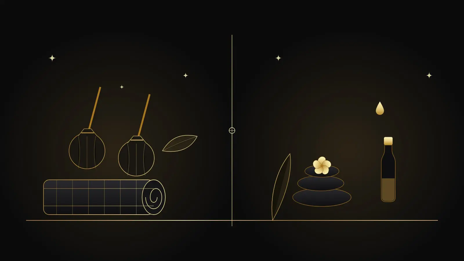 Gold line illustration: Thai herbal compresses and a rolled mat beside massage oil and hot stones